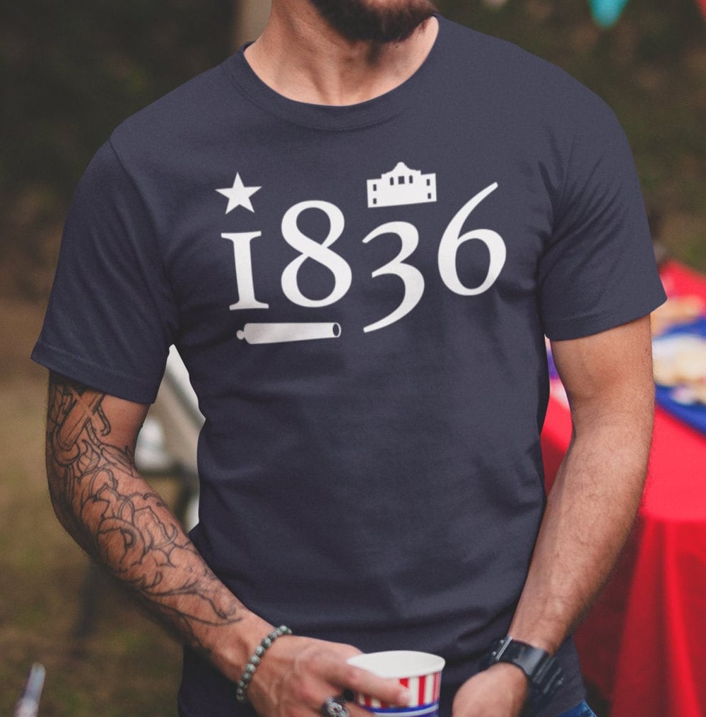 1836 Remember the Alamo, Victory or Death Shirt for Men, San Antonio Texas, Commemorate Remembrance of the Battle of the Alamo, Texas Revolution, Come and Take it Cannon, Navy Blue Shirt for Men, from Forging Freedom