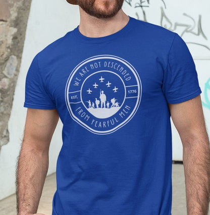 Men's Not Descended from Fearful Men Patriotic Military T-Shirt, Soldiers Helicopter Chopper Shirt, Round Logo Shirt, Pro Freedom Courageous and Brave Shirt for Men, Royal Blue, From Forging Freedom