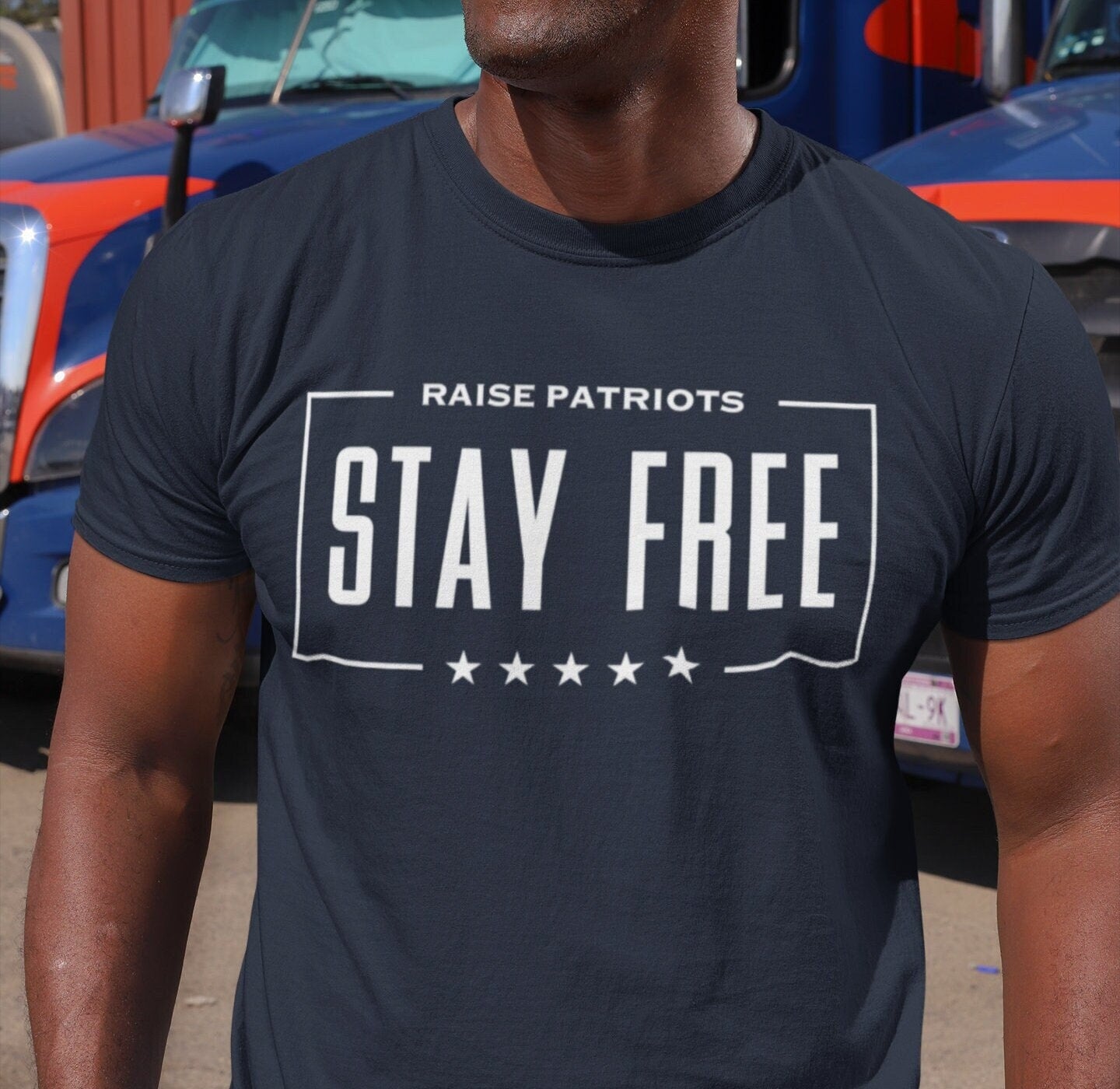 Stay Free Raise Patriots Shirt for Men, Patriotic Parenting, Raising Patriots USA Dad Shirt, Navy Blue, from Forging Freedom