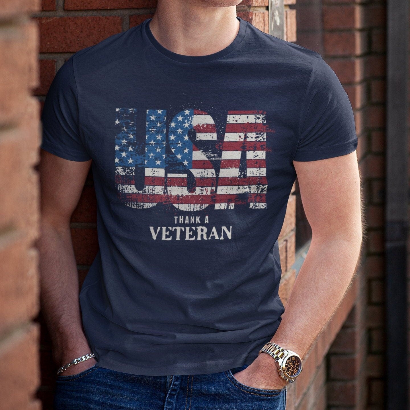 USA Thank a Veteran TShirt for Men, USA American Flag Shirt, Veterans Day Shirt for Men, Navy Blue, from Forging Freedom