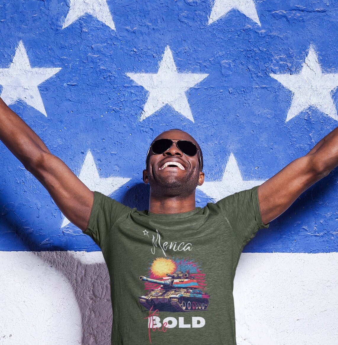 America The Bold Military Tank Explosion Shirt, Red White and Blue American Flag with Explosions Fireworks and Stars, Pro Freedom USA 1776 Shirt for Men, Army Green Crewneck Shirt, from Forging Freedom