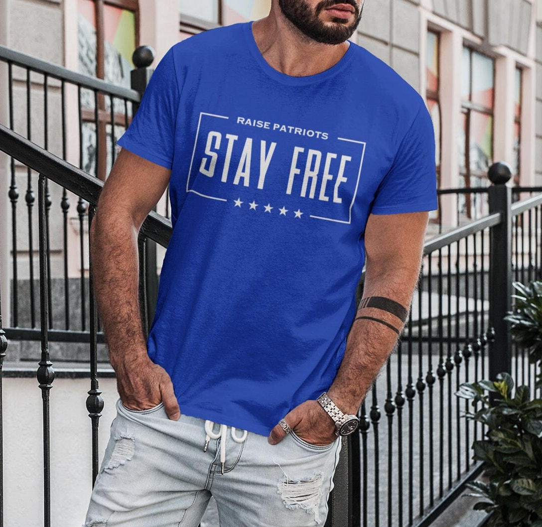 Stay Free Raise Patriots Shirt for Men, Patriotic Parenting, Raising Patriots USA Dad Shirt, Royal Blue, from Forging Freedom