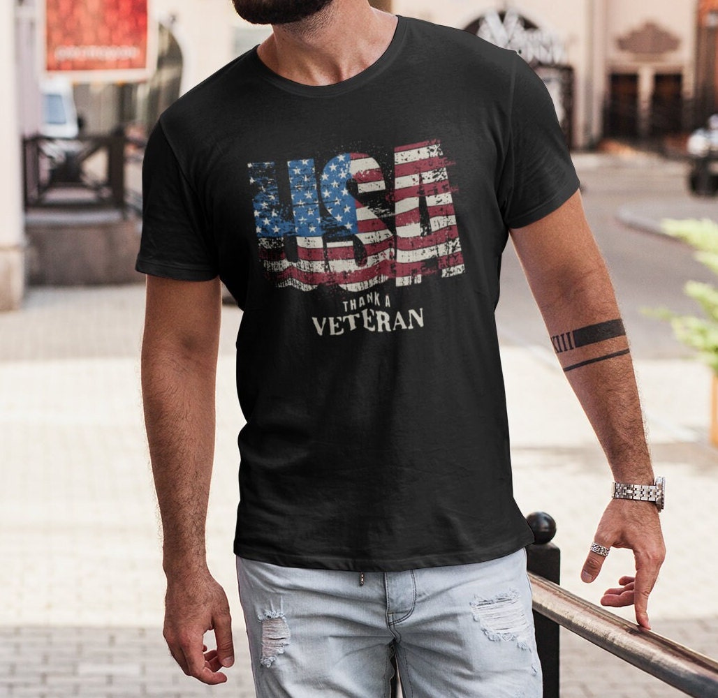 USA Thank a Veteran TShirt for Men, USA American Flag Shirt, Veterans Day Shirt for Men, Black, from Forging Freedom