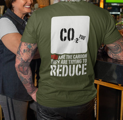 You are the carbon they are trying to reduce shirt for men, conspiracy theorist man shirt back, mens soft tshirt military green, from Forging Freedom