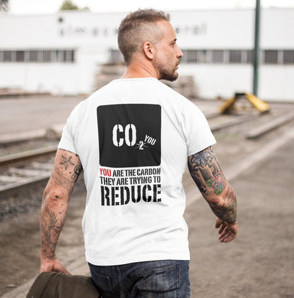 You are the carbon they are trying to reduce shirt for men, conspiracy theorist man shirt back, mens soft tshirt white, from Forging Freedom