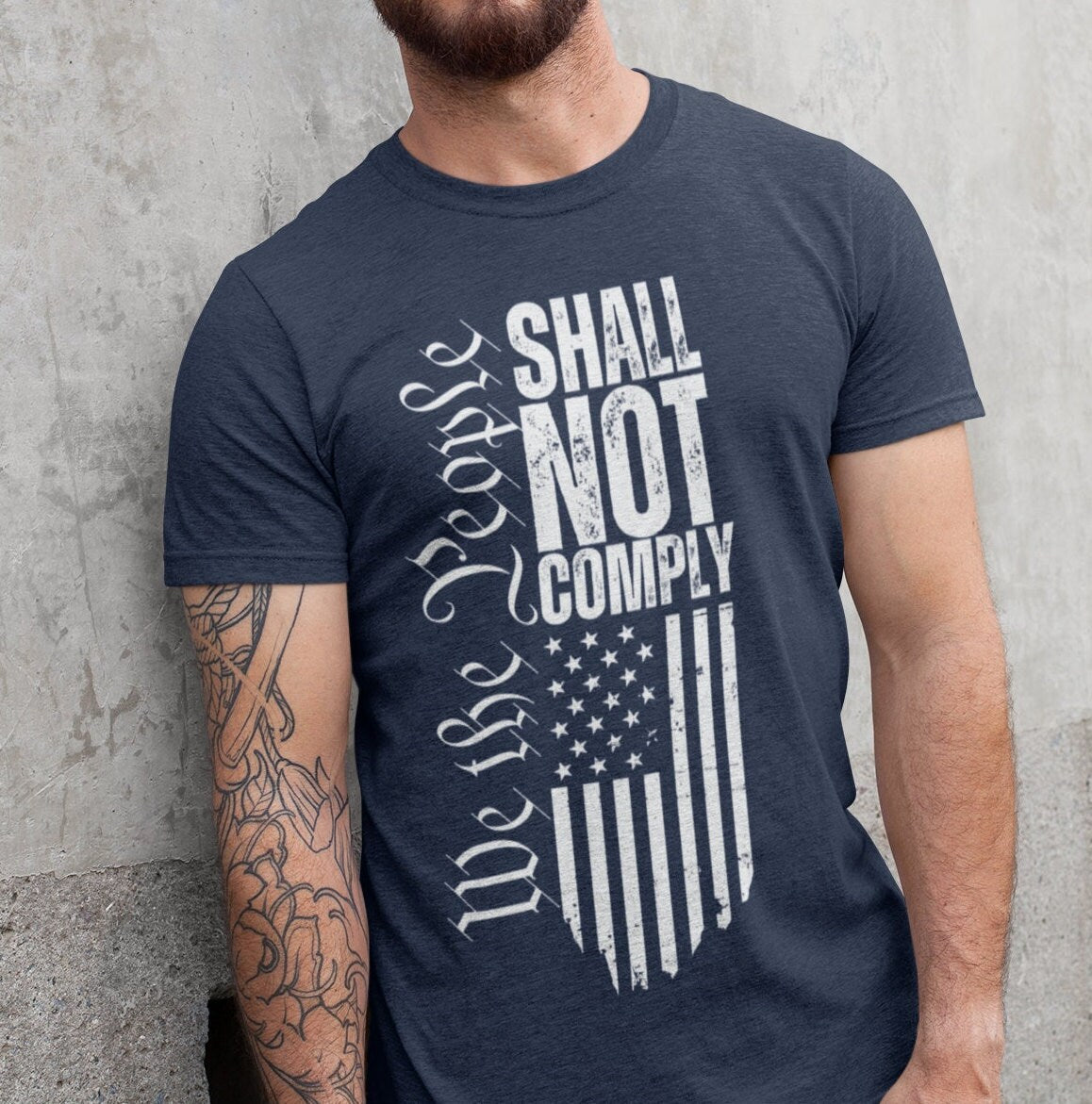  Men’s We The People Shall Not Comply Flag T-shirt for Men, American Flag Do Not Comply, Will Not Comply Anti Government Pro Freedom Conservative Shirt for Men, Distressed Grunge Text and American Flag Shirt, Heather Navy, from Forging Freedom