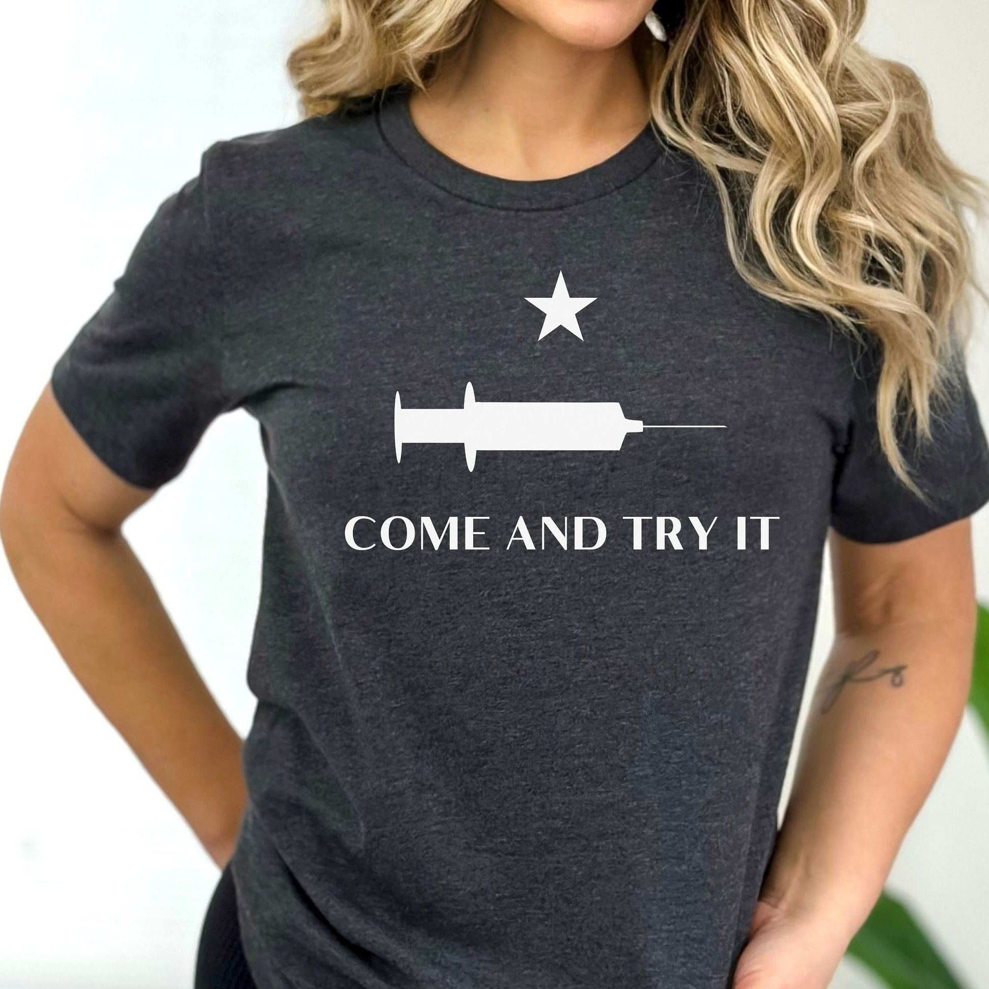 Come and Try It Medical Freedom Shirt for Women, Informed Consent, No Vaccine Mandates, We Will Not Comply Covid Shot Tshirt, Dark Gray Heather, from Forging Freedom