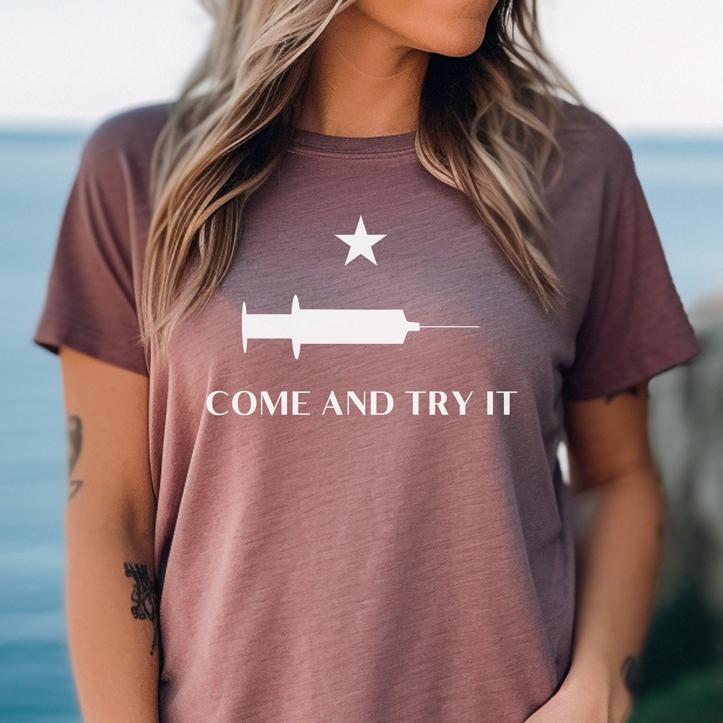 Come and Try It Medical Freedom Shirt for Women, Informed Consent, No Vaccine Mandates, We Will Not Comply Covid Shot Tshirt, Heather Mauve, from Forging Freedom