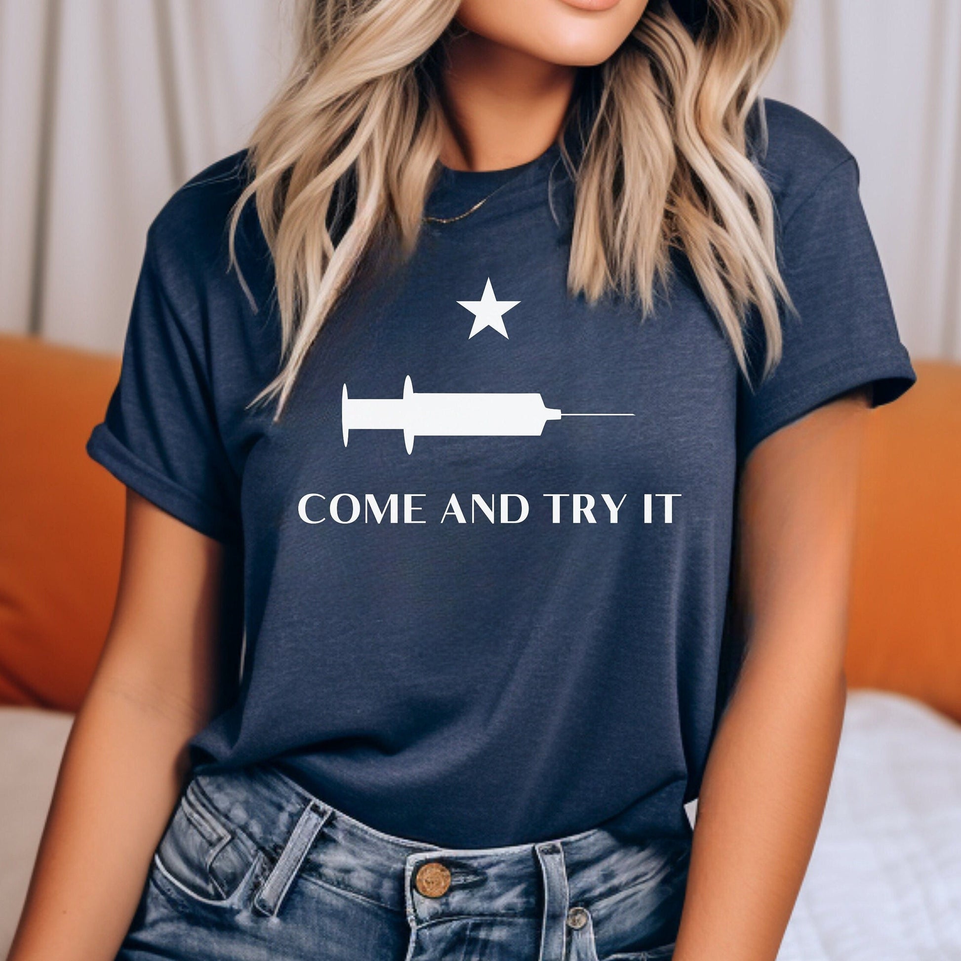 Come and Try It Medical Freedom Shirt for Women, Informed Consent, No Vaccine Mandates, We Will Not Comply Covid Shot Tshirt, Heather Navy, from Forging Freedom