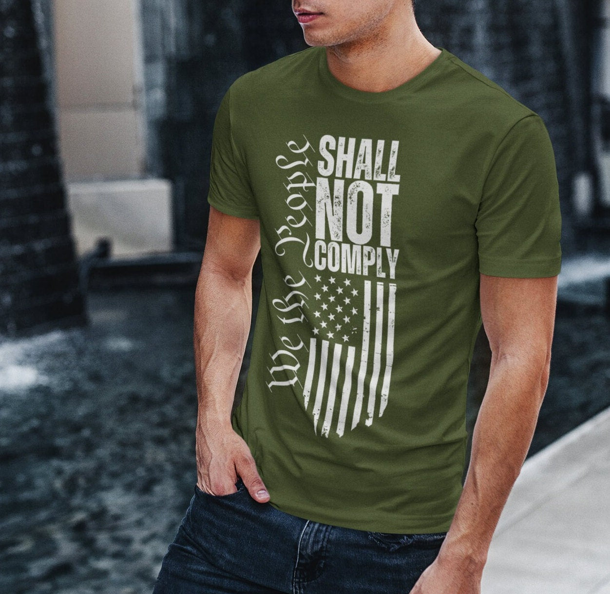  Men’s We The People Shall Not Comply Flag T-shirt for Men, American Flag Do Not Comply, Will Not Comply Anti Government Pro Freedom Conservative Shirt for Men, Distressed Grunge Text and American Flag Shirt, Military Green, from Forging Freedom