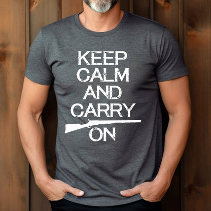 Keep Calm and Carry On 2nd Amendment Shirt for Men, Second Amendment, 2A, Support Gun Ownership Tshirt for Men, Dark Heather, from Forging Freedom