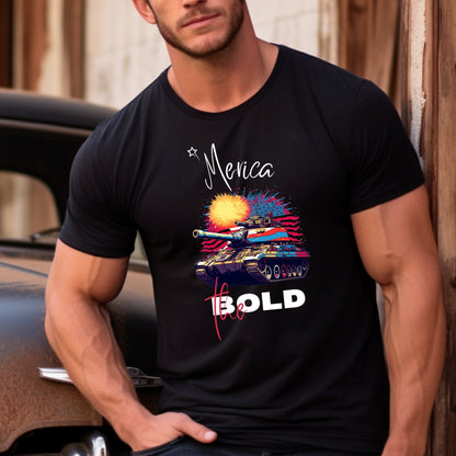 America The Bold Military Tank Explosion Shirt, Red White and Blue American Flag with Explosions Fireworks and Stars, Pro Freedom USA 1776 Shirt for Men, Black Crewneck Shirt, from Forging Freedom