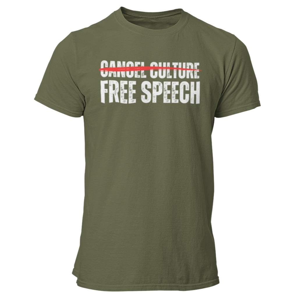 Free Speech Not Cancel Culture Shirt for Men, Men 1st Amendment Stop Censorship Cancelled Violates Community Standards Think While Its Still Legal, First Amendment Constitutional Rights Shirt, Military Green, from Forging Freedom