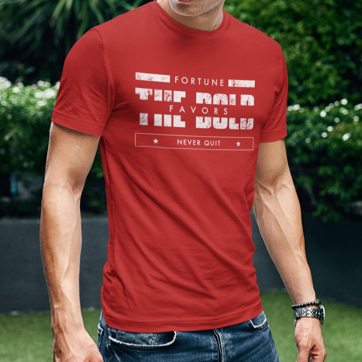 Fortune Favors the Bold Shirt for Men, Courage and Bravery Military Tshirt, Never Quit, Pro Freedom USA Patriotic Shirt for Men, Red, from Forging Freedom