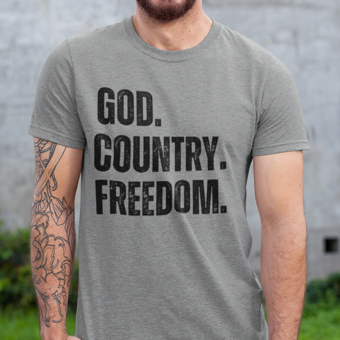 Men Patriot Conservative Religious USA 1776 We The People Christian Bible Proud American Don't Tread On Me, God Country Freedom Shirt for Men, Sport Gray, from Forging Freedom