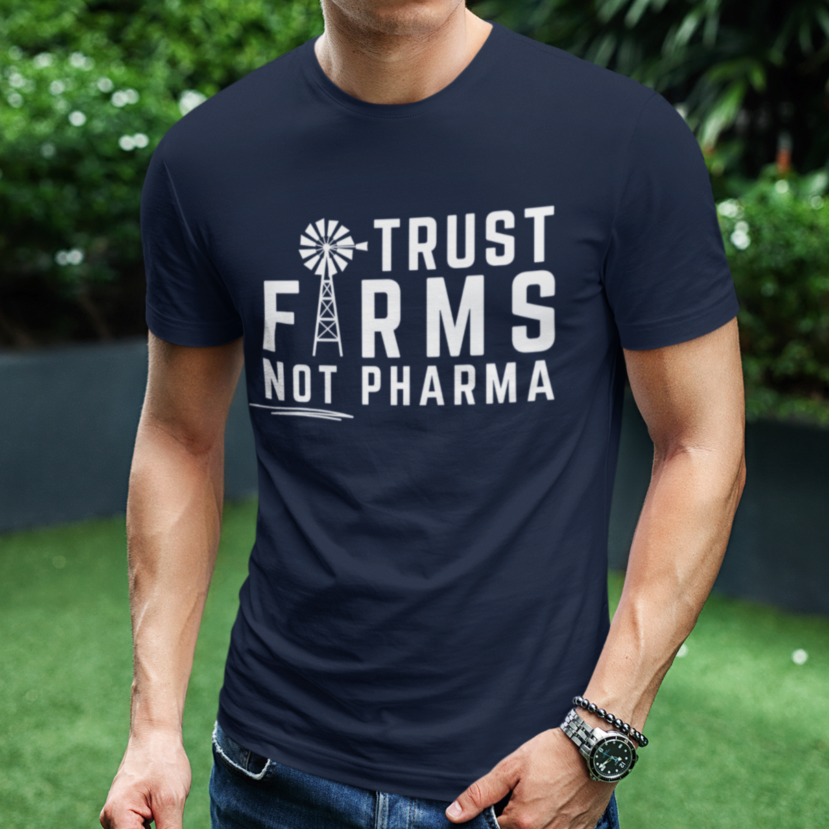 Men's Trust Farms Not Pharma Shirt, Medical Freedom Informed Consent Awake Not Woke Rural America Conservative Libertarian USA, Windmill Farming Shirt for Men, Navy Blue, from Forging Freedom