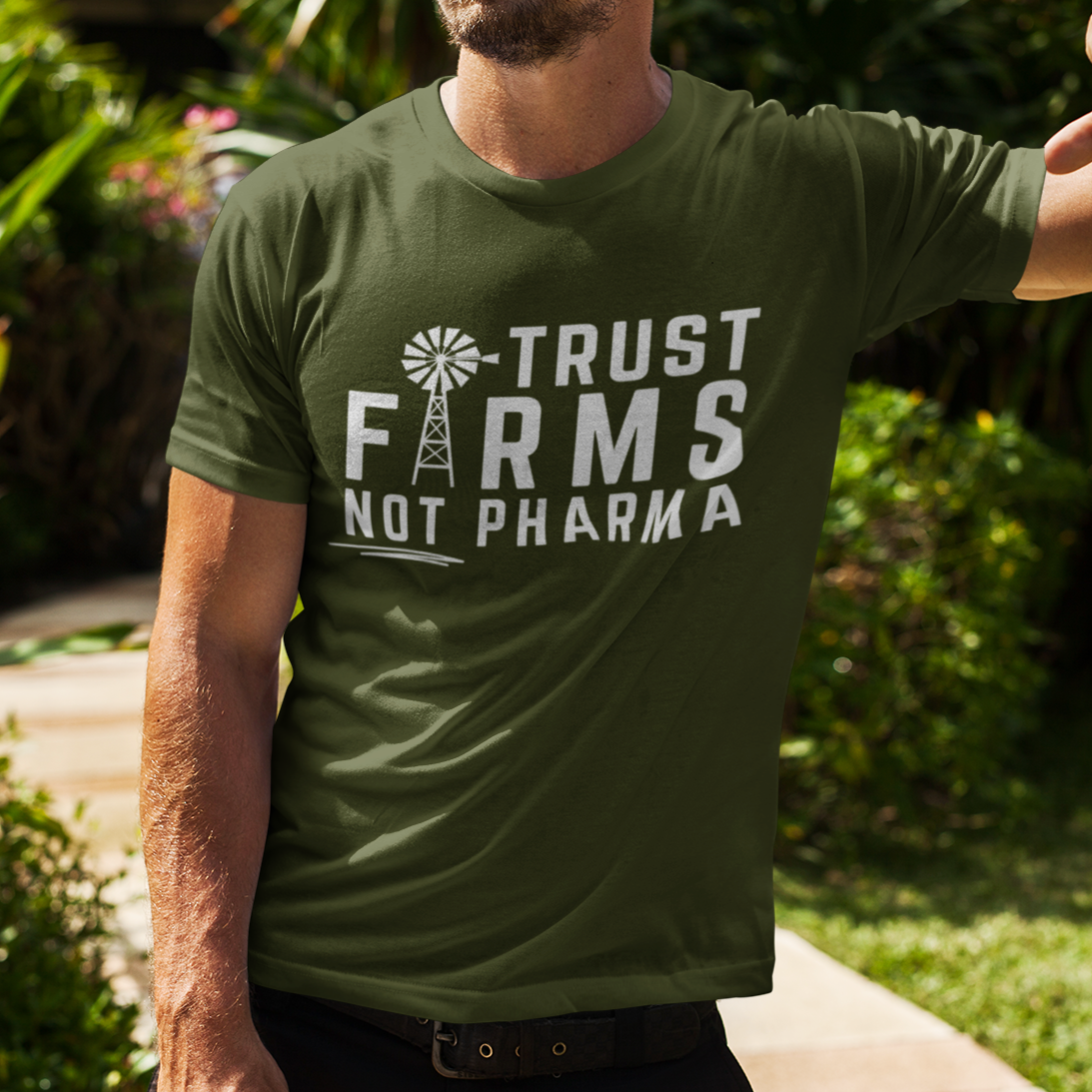 Men's Trust Farms Not Pharma Shirt, Medical Freedom Informed Consent Awake Not Woke Rural America Conservative Libertarian USA, Windmill Farming Shirt for Men, Military Green, from Forging Freedom