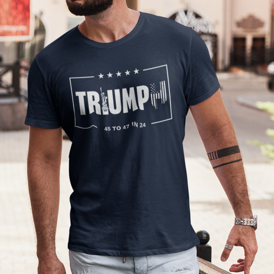  Triumph for Trump Shirt for Men, Donald Trump for President Shirt, 45 to 47 in 24 Shirt, American Flag Statue of Liberty Trump Shirt, Make America Great Again Shirt for Men, MAGA, Taking America Back Shirt, Navy Blue, from Forging Freedom