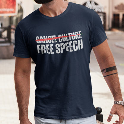 Free Speech Not Cancel Culture Shirt for Men, Men 1st Amendment Stop Censorship Cancelled Violates Community Standards Think While Its Still Legal, First Amendment Constitutional Rights Shirt, Navy Blue, from Forging Freedom