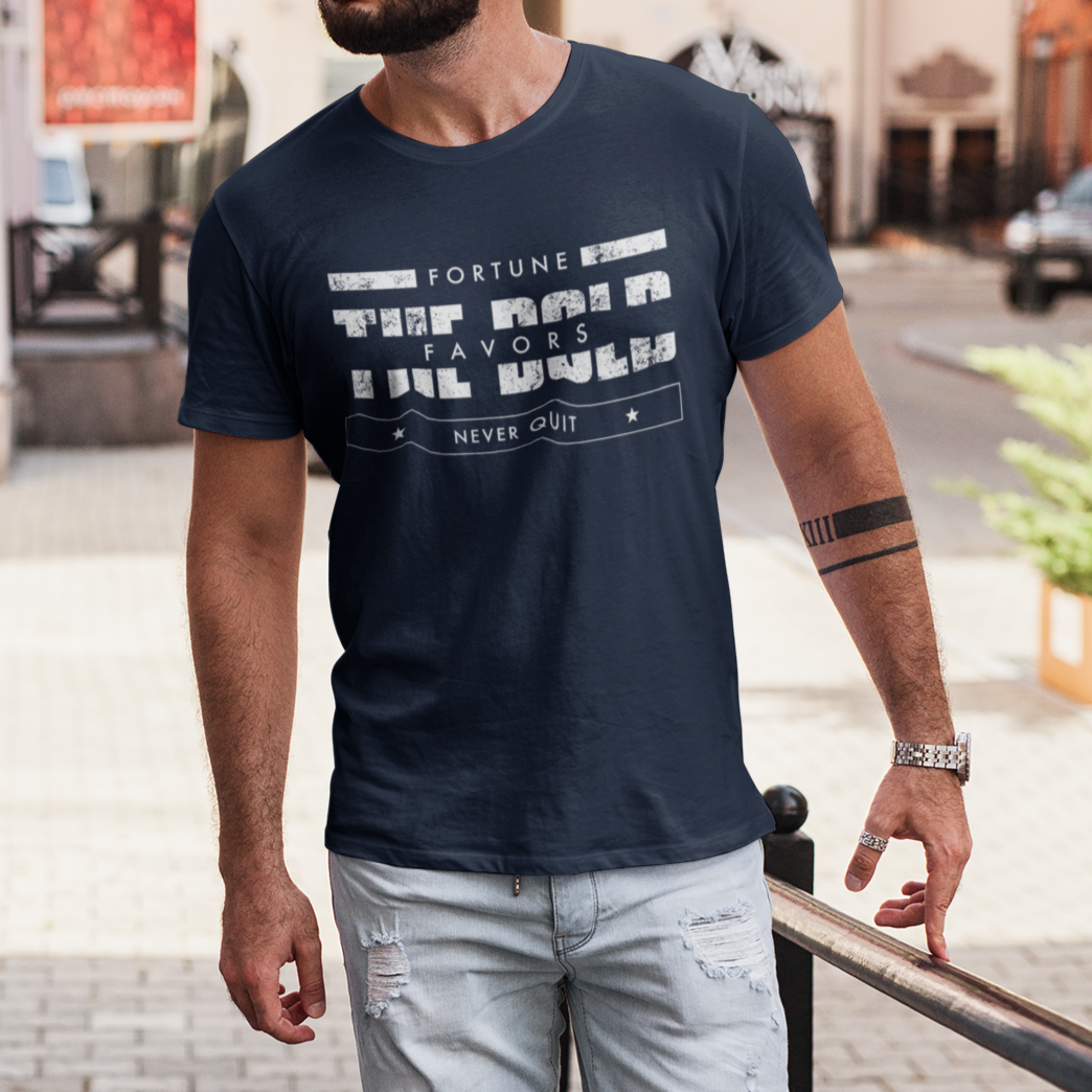 Fortune Favors the Bold Shirt for Men, Courage and Bravery Military Tshirt, Never Quit, Pro Freedom USA Patriotic Shirt for Men, Navy Blue, from Forging Freedom