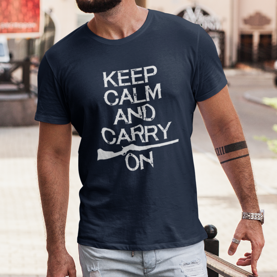 Keep Calm and Carry On 2nd Amendment Shirt for Men, Second Amendment, 2A, Support Gun Ownership Tshirt for Men, Navy Blue, from Forging Freedom