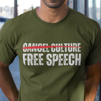 Free Speech Not Cancel Culture Shirt for Men, Men 1st Amendment Stop Censorship Cancelled Violates Community Standards Think While Its Still Legal, First Amendment Constitutional Rights Shirt, Military Green, from Forging Freedom