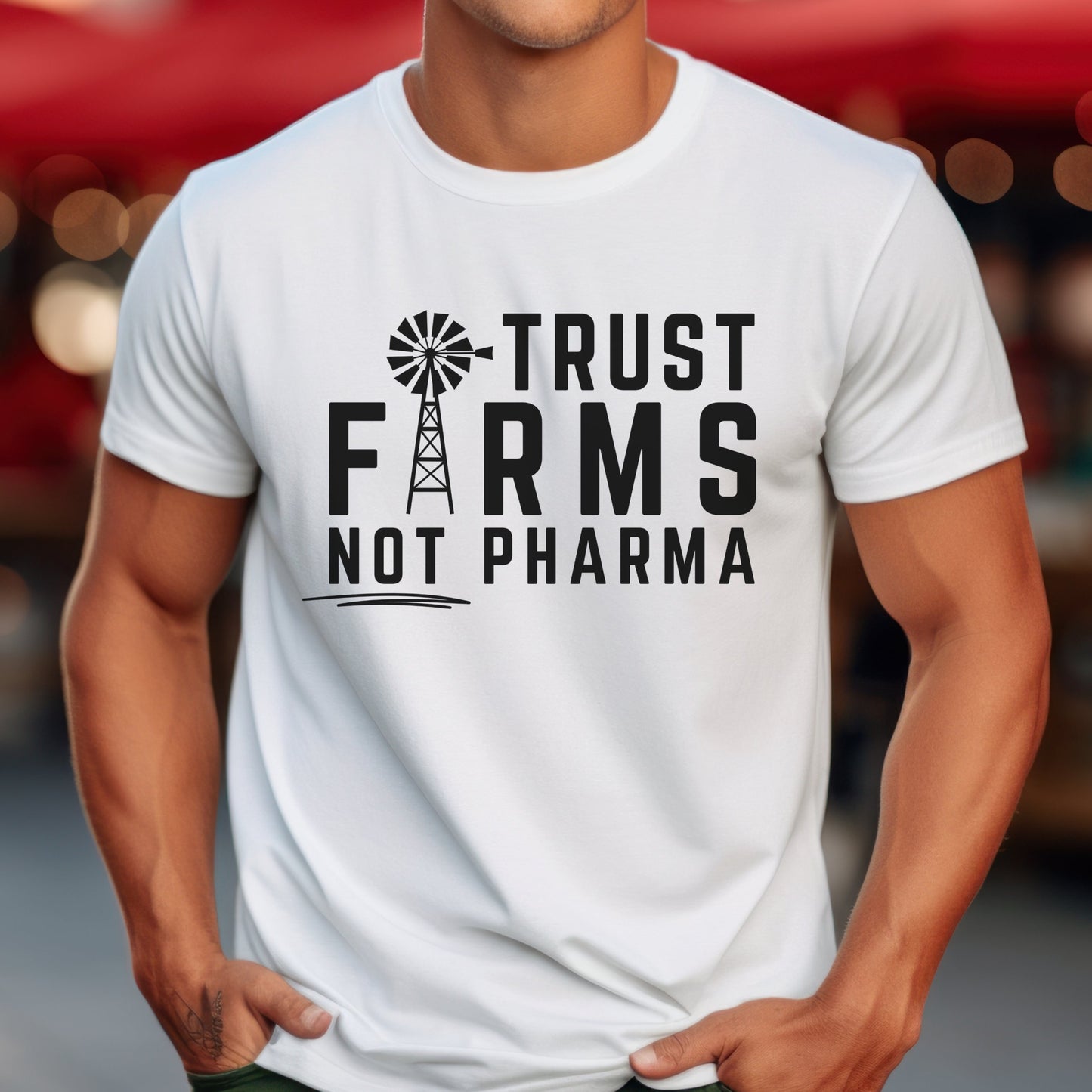 Men's Trust Farms Not Pharma Shirt, Medical Freedom Informed Consent Awake Not Woke Rural America Conservative Libertarian USA, Windmill Farming Shirt for Men, White, from Forging Freedom